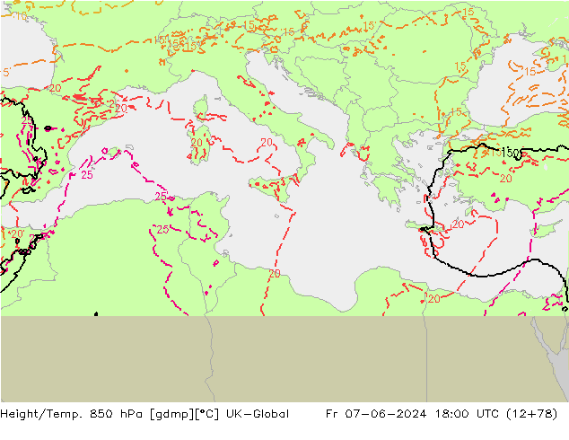 Height/Temp. 850 гПа UK-Global пт 07.06.2024 18 UTC