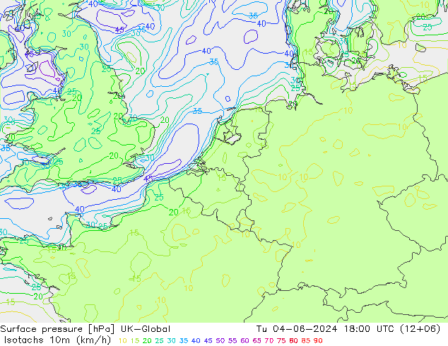 Isotachs (kph) UK-Global Tu 04.06.2024 18 UTC