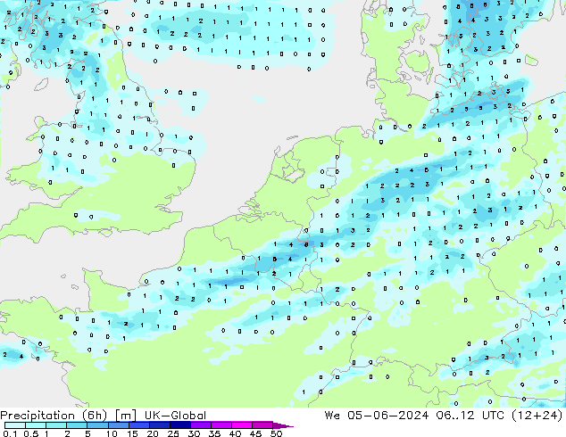 Precipitation (6h) UK-Global St 05.06.2024 12 UTC