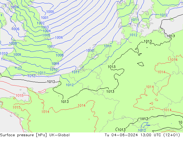 Surface pressure UK-Global Tu 04.06.2024 13 UTC