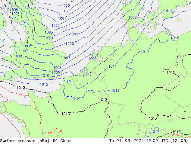 Surface pressure UK-Global Tu 04.06.2024 15 UTC