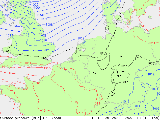 Surface pressure UK-Global Tu 11.06.2024 12 UTC