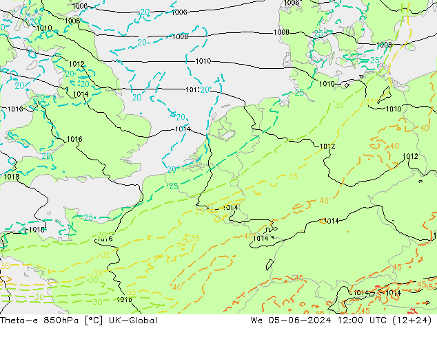 Theta-e 850hPa UK-Global We 05.06.2024 12 UTC