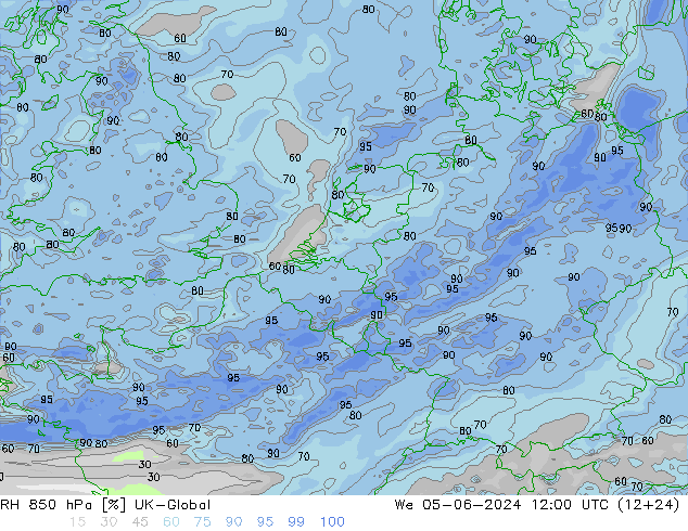 Humedad rel. 850hPa UK-Global mié 05.06.2024 12 UTC
