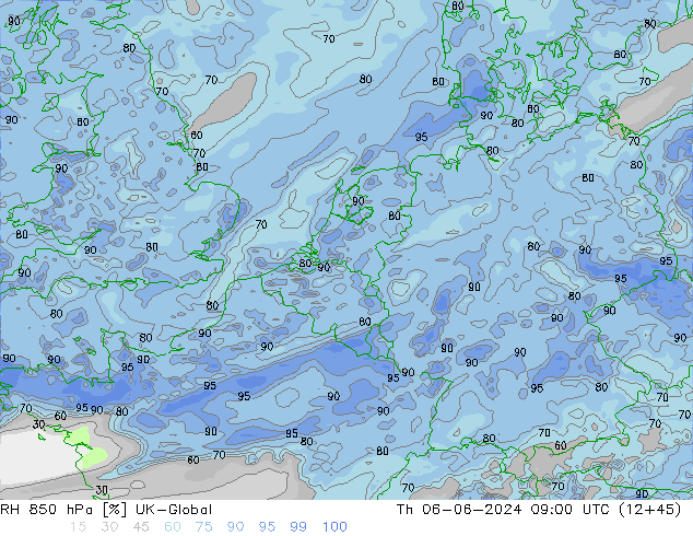 RH 850 hPa UK-Global czw. 06.06.2024 09 UTC