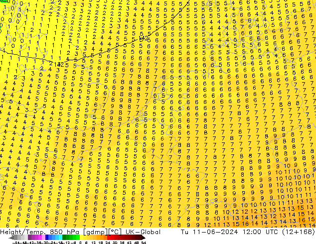 Height/Temp. 850 hPa UK-Global Di 11.06.2024 12 UTC