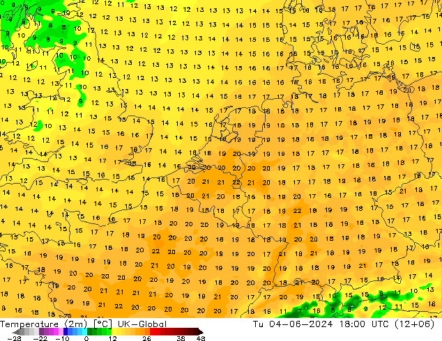 Temperature (2m) UK-Global Tu 04.06.2024 18 UTC