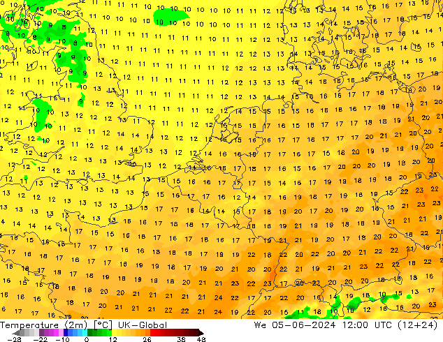 Temperaturkarte (2m) UK-Global Mi 05.06.2024 12 UTC