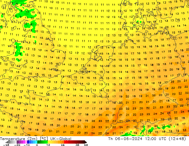 Temperaturkarte (2m) UK-Global Do 06.06.2024 12 UTC