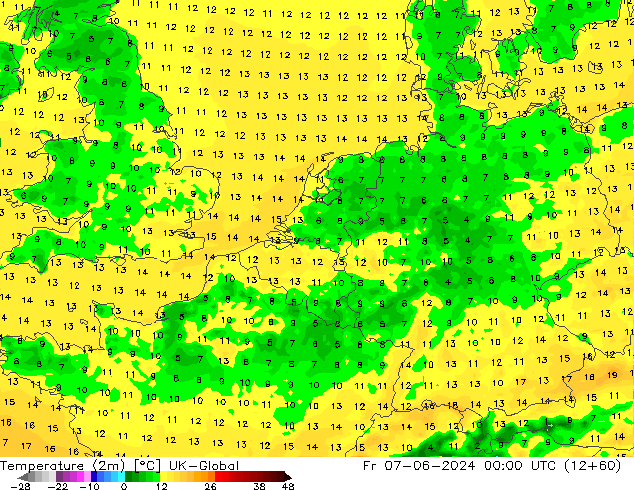 mapa temperatury (2m) UK-Global pt. 07.06.2024 00 UTC