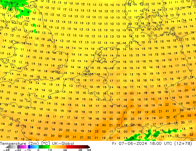 Temperature (2m) UK-Global Fr 07.06.2024 18 UTC