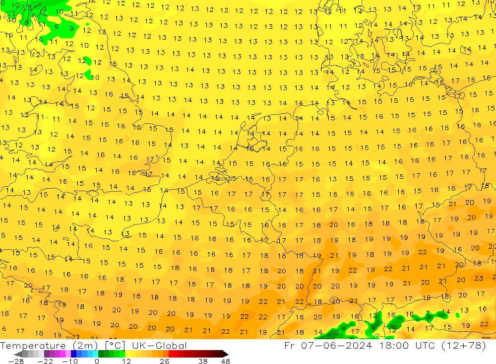 mapa temperatury (2m) UK-Global pt. 07.06.2024 18 UTC