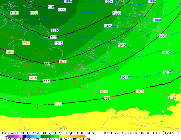 Dikte 500-1000hPa UK-Global wo 05.06.2024 09 UTC