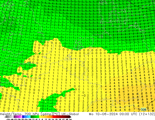 Height/Temp. 700 hPa UK-Global Mo 10.06.2024 00 UTC