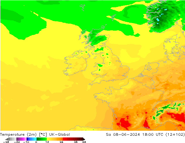 Sıcaklık Haritası (2m) UK-Global Cts 08.06.2024 18 UTC