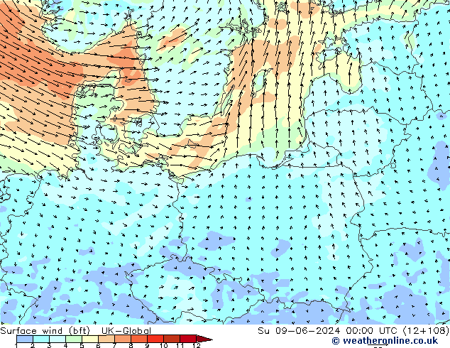 Vent 10 m (bft) UK-Global dim 09.06.2024 00 UTC