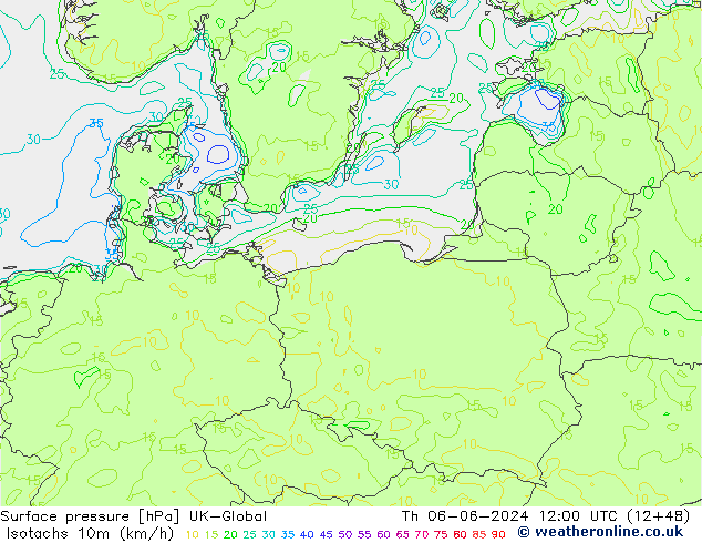 Isotachs (kph) UK-Global Th 06.06.2024 12 UTC