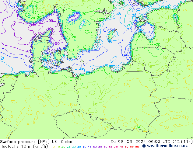 Isotachs (kph) UK-Global  09.06.2024 06 UTC