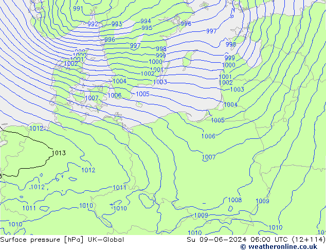 Pressione al suolo UK-Global dom 09.06.2024 06 UTC