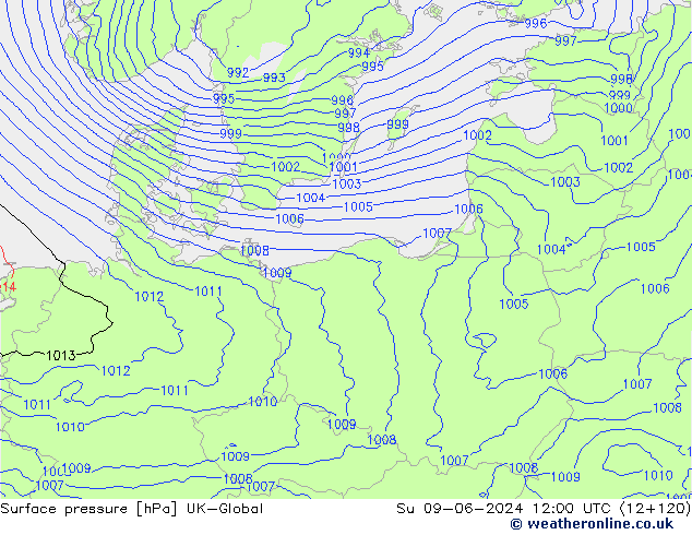 Pressione al suolo UK-Global dom 09.06.2024 12 UTC