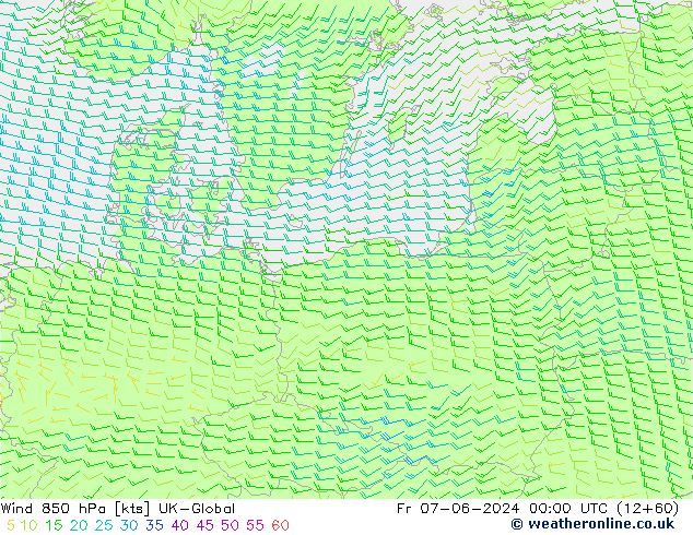 Wind 850 hPa UK-Global vr 07.06.2024 00 UTC