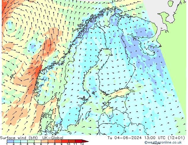 Vent 10 m (bft) UK-Global mar 04.06.2024 13 UTC