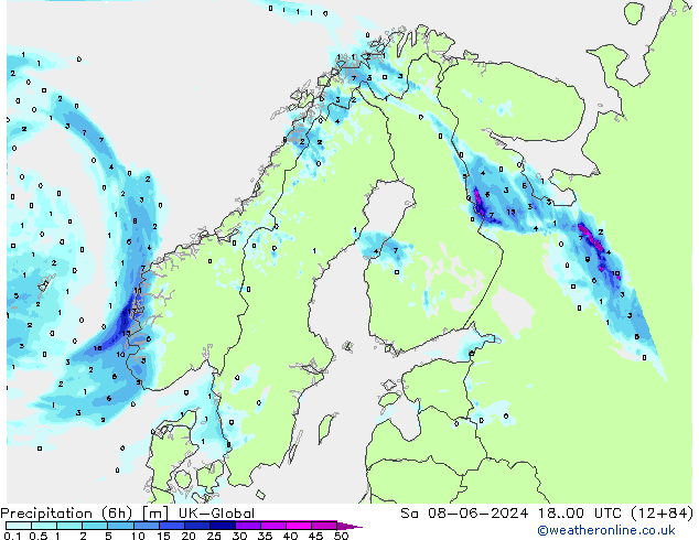Precipitation (6h) UK-Global Sa 08.06.2024 00 UTC