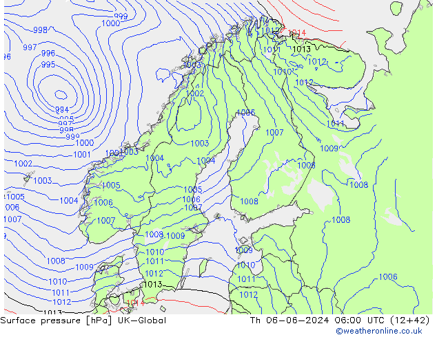 Pressione al suolo UK-Global gio 06.06.2024 06 UTC