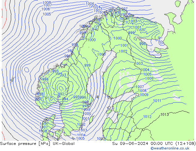 Pressione al suolo UK-Global dom 09.06.2024 00 UTC