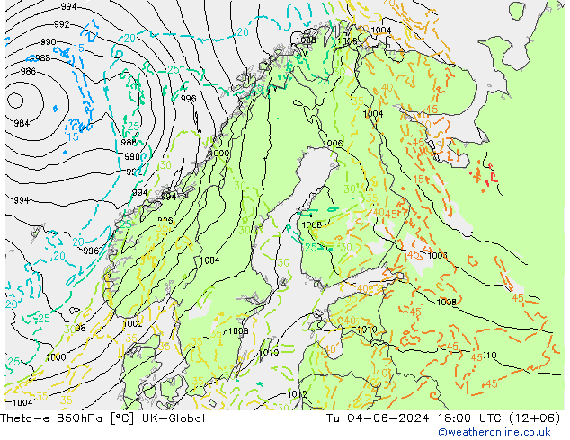 Theta-e 850hPa UK-Global mar 04.06.2024 18 UTC