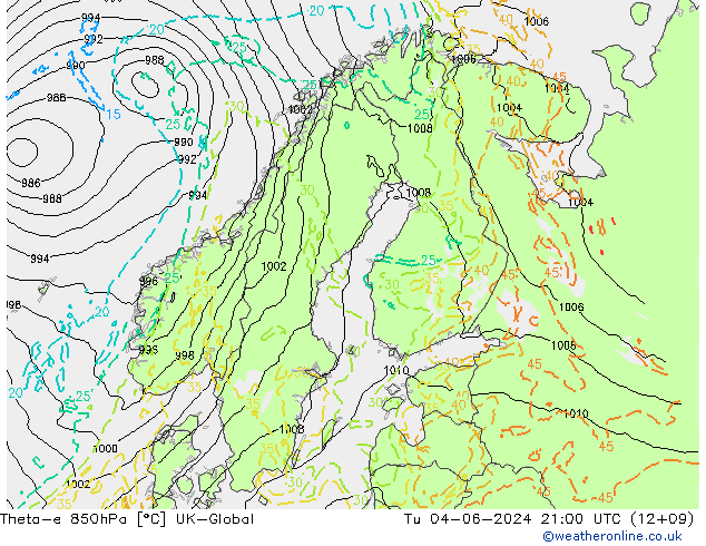 Theta-e 850hPa UK-Global Tu 04.06.2024 21 UTC