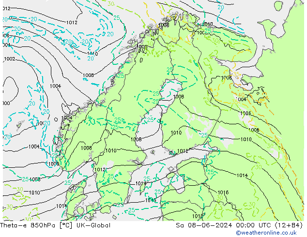 Theta-e 850гПа UK-Global сб 08.06.2024 00 UTC