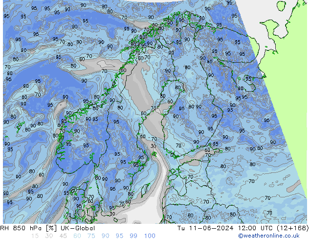 RH 850 hPa UK-Global Út 11.06.2024 12 UTC