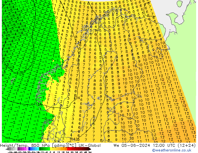 Height/Temp. 850 hPa UK-Global St 05.06.2024 12 UTC