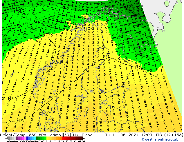 Height/Temp. 850 hPa UK-Global Ter 11.06.2024 12 UTC