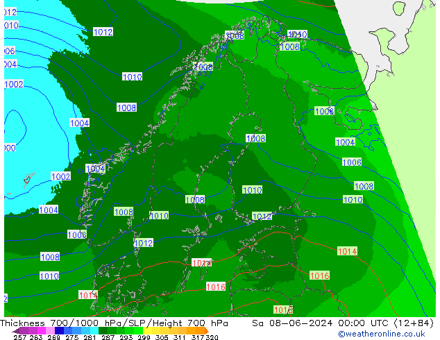 Schichtdicke 700-1000 hPa UK-Global Sa 08.06.2024 00 UTC