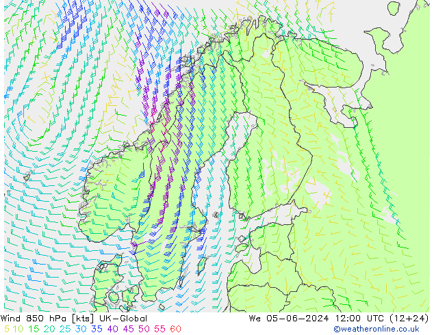 Wind 850 hPa UK-Global St 05.06.2024 12 UTC