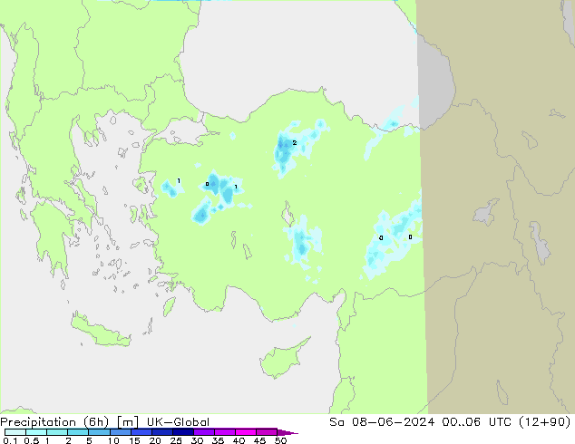 Precipitation (6h) UK-Global So 08.06.2024 06 UTC