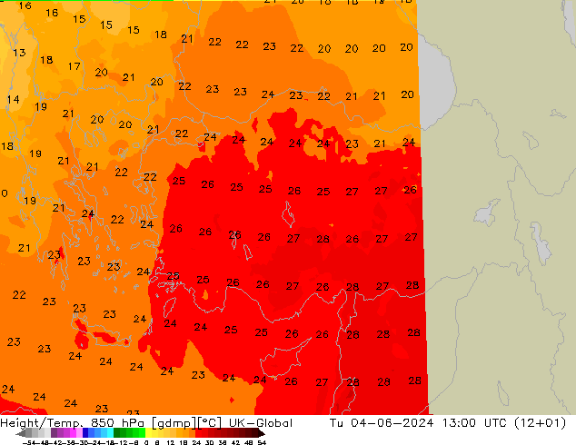 Height/Temp. 850 гПа UK-Global вт 04.06.2024 13 UTC