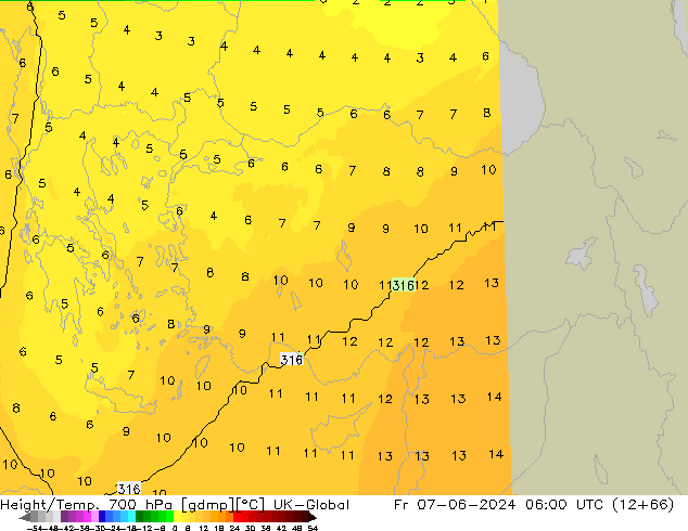 Height/Temp. 700 hPa UK-Global pt. 07.06.2024 06 UTC