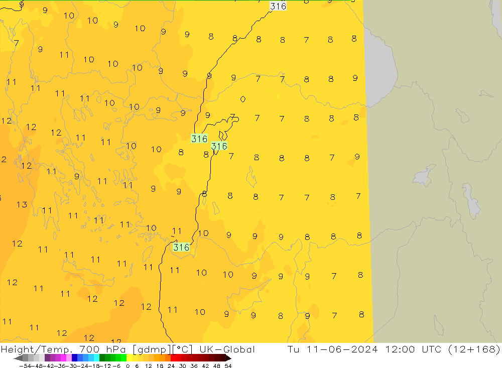 Géop./Temp. 700 hPa UK-Global mar 11.06.2024 12 UTC