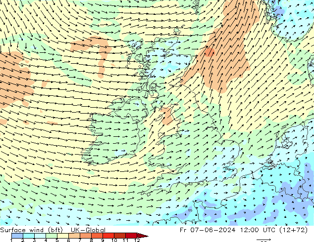 Surface wind (bft) UK-Global Fr 07.06.2024 12 UTC