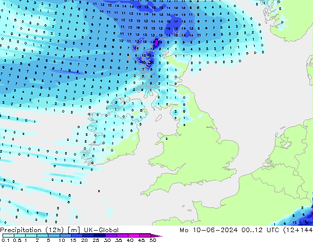 Precipitation (12h) UK-Global Mo 10.06.2024 12 UTC