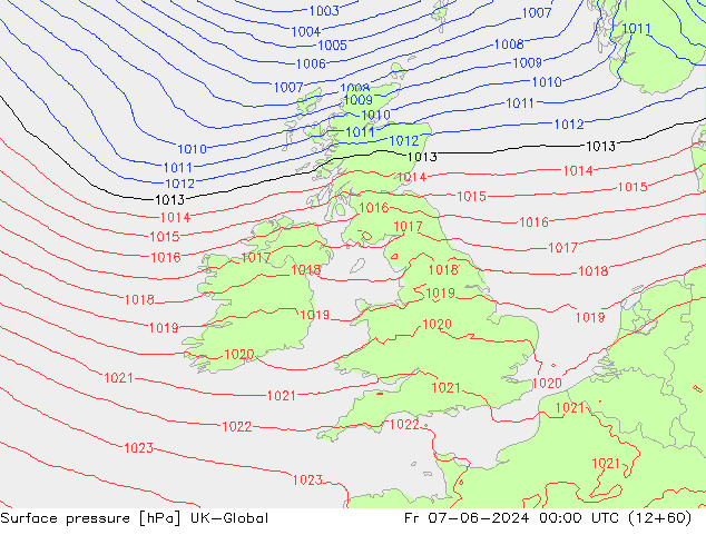 Pressione al suolo UK-Global ven 07.06.2024 00 UTC