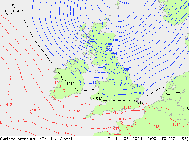 Surface pressure UK-Global Tu 11.06.2024 12 UTC