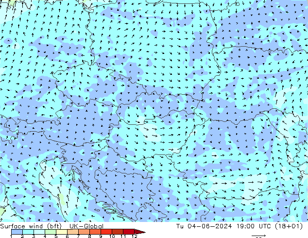 Surface wind (bft) UK-Global Tu 04.06.2024 19 UTC