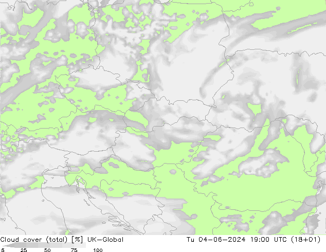 Bewolking (Totaal) UK-Global di 04.06.2024 19 UTC