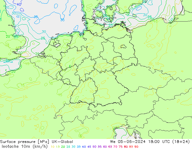 Isotachen (km/h) UK-Global wo 05.06.2024 18 UTC