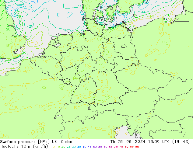 Isotachs (kph) UK-Global Th 06.06.2024 18 UTC