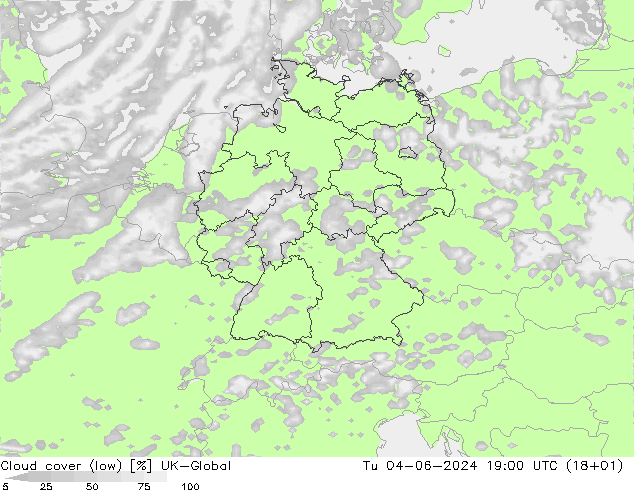 Cloud cover (low) UK-Global Tu 04.06.2024 19 UTC